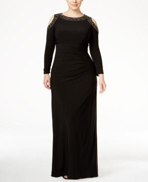 Xscape Plus Size Beaded Cold-shoulder Gown