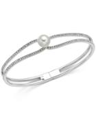 Danori Silver-tone Imitation Pearl And Pave Hinge Bangle Bracelet