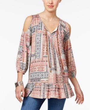 Style & Co Petite Printed Cold-shoulder Peplum Peasant Top, Only At Macy's