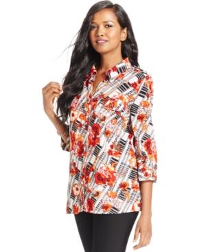 Ny Collection Plaid-rose Utility Shirt