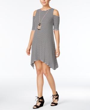 Crystal Doll Juniors' Striped Cold-shoulder Necklace Dress