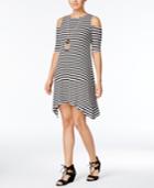 Crystal Doll Juniors' Striped Cold-shoulder Necklace Dress