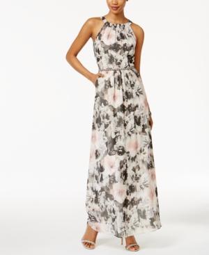 Sl Fashions Embellished Floral-print Halter Gown