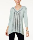 Style & Co Petite Embroidered Handkerchief-hem Top, Only At Macy's