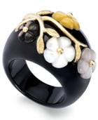 14k Gold Over Sterling Silver Ring, Onyx (6mm) And Mother Of Pearl (24mm) Flower Ring