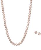 Pink Cultured Freshwater Pearl (6mm) Necklace And Matching Stud (7-1/2mm) Earrings Set In Sterling Silver