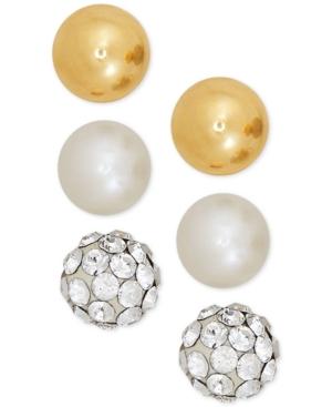 3-pc. Cultured Freshwater Pearl (3-3/4mm), Crystal Fireball And Gold Ball Stud Earrings Set In 14k Gold