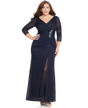 Adrianna Papell Plus Size Three-quarter-sleeve Ruched Gown