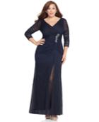Adrianna Papell Plus Size Three-quarter-sleeve Ruched Gown