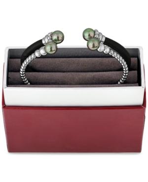 Majorica Silver-tone And Black Leather Imitation Pearl End Open Cuff Bangle Bracelet
