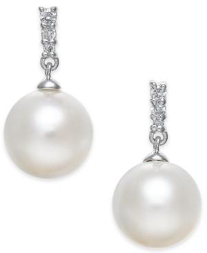 Cultured Freshwater Pearl (8mm) & Diamond Accent Drop Earrings In 14k White Gold