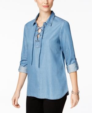 Charter Club Lace-up Denim Top, Only At Macy's