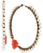 Betsey Johnson Gold-tone Imitation Pearl And Rose Hoop Earrings
