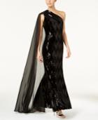 Calvin Klein Sequined Velvet One-shoulder Cape Gown