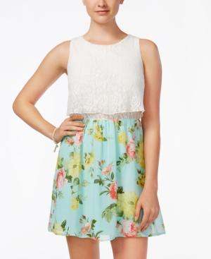 Emerald Sundae Juniors' Lace Floral-print Popover Dress
