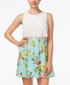 Emerald Sundae Juniors' Lace Floral-print Popover Dress