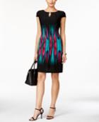 Tahari Asl Cap-sleeve Flame-print Sheath Dress