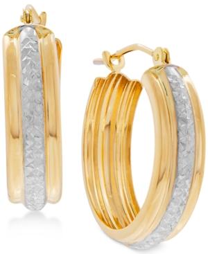 Two-tone Textured Hoop Earrings In 10k Gold And Rhodium-plate