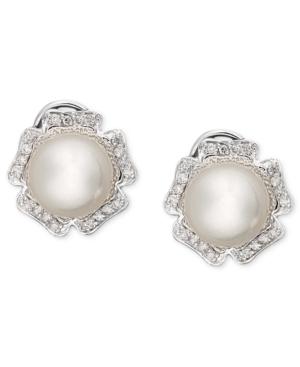 14k White Gold Earrings, Diamond (1/3 Ct. T.w.) And Cultured South Sea Pearl (9mm) Flower Stud Earrings