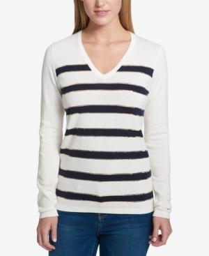 Tommy Hilfiger Cotton Sequin-stripe Top, Created For Macy's