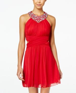 B Darlin Juniors' Rhinestone Halter A-line Dress