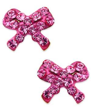 Children's 14k Gold Earrings, Pink Crystal Bow Earrings