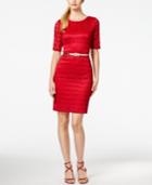 Connected Petite Belted Lace Sheath Dress