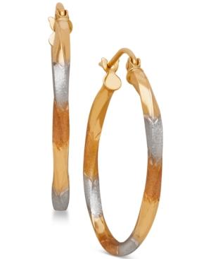 Tri-tone Twist Hoop Earrings In 14k Gold With White And Rose Rhodium-plating