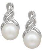 Freshwater Pearl (8mm) And Diamond Accent Swirl Earrings In Sterling Silver
