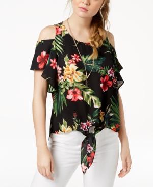 Bcx Juniors' Printed Cold-shoulder Knot-front Top