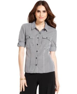 Ny Collection Petite Top, Three-quarter-sleeve Striped Shirt