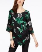Alfani Printed Crochet-trim V-hem Top, Created For Macy's