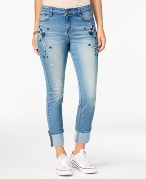 Black Daisy Juniors' Kate Cuffed Straight-leg Embroidered Jeans