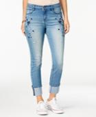 Black Daisy Juniors' Kate Cuffed Straight-leg Embroidered Jeans