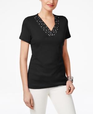 Karen Scott Embellished-neck Top, Only At Macy's