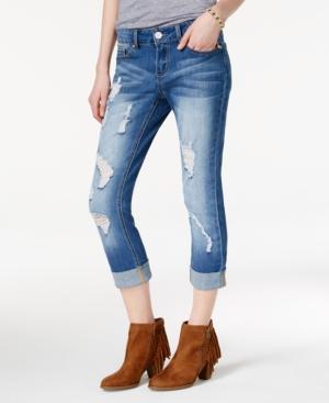 Indigo Rein Juniors' Ripped Medium Blue Wash Cuffed Skinny Jeans