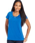 Ny Collection Petite Jeweled Pleat-neck T-shirt, Only At Macy's