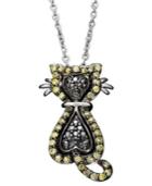 Sterling Silver Necklace, Yellow Diamond (1/3 Ct. T.w.) And Black Diamond Accent Cat Pendant