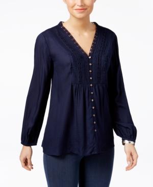 Style & Co Pleated Crochet-trim Blouse, Only At Macy's