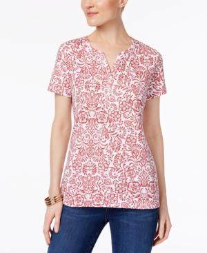 Karen Scott Petite Floral-print Henley T-shirt, Created For Macy's
