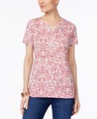 Karen Scott Petite Floral-print Henley T-shirt, Created For Macy's