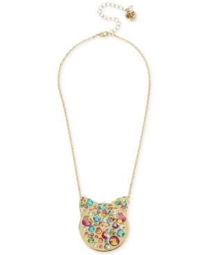 Betsey Johnson Gold-tone Crystal Cat Head Pendant Necklace 15-1/2 + 3 Extender
