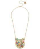 Betsey Johnson Gold-tone Crystal Cat Head Pendant Necklace 15-1/2 + 3 Extender