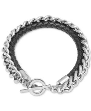 Men's Braided Leather Layered Link Bracelet In Stainless Steel