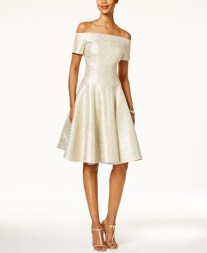 B Michael Metallic Off-the-shoulder Fit & Flare Dress