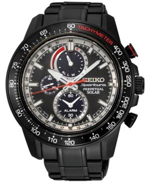 Seiko Men's Solar Chronograph Sportura Black Stainless Steel Bracelet Watch 45mm Ssc373