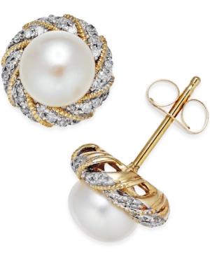 Cultured Freshwater Pearl (6mm) And Diamond Accent Earrings In 14k Gold
