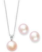 Pink Cultured Freshwater Pearl Earrings And Pendant Set In Sterling Silver (9mm)