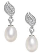 Cultured Freshwater Pearl (7x9mm) And Cubic Zirconia Leaf Top Drop Earrings In Sterling Silver