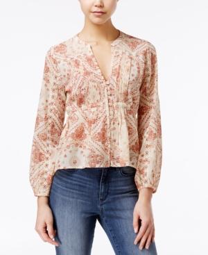 American Rag Sheer Printed Crochet-trim Pintucked Blouse, Created For Macy's